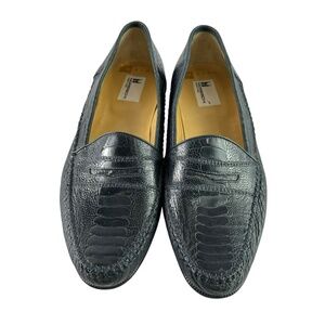 Genuine men MORESCHI Navy Blue Ostrich and Leather Penny Loafers Shoes 9.5
